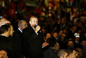 Turkish Prime Minister Recep Tayyip Erdogan speaks to reporters after he receives a hero's welcome for a spat with Israel.