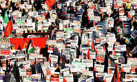 Andy Rain/EPA Protesters march through central London, as part of nationwide demonstrations against Israeli air strikes on Gaza. Photograph: Andy Rain/EPA